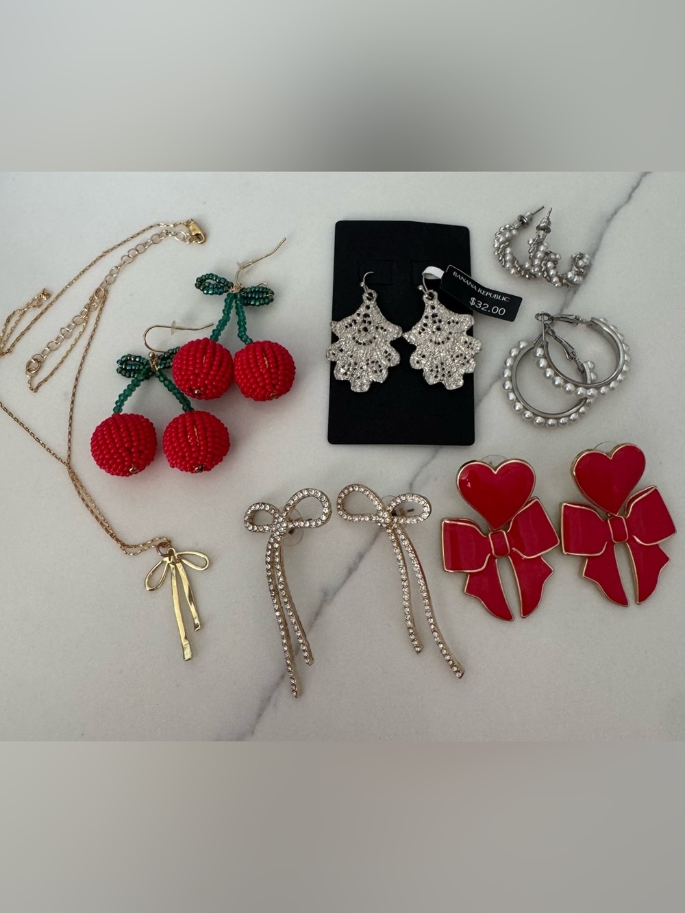 Jewelry Lot Bow Earrings, Bow Necklace, drop earrings